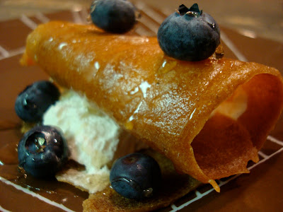 Close up of Banana Rollup on plate with blueberries, syrup and whipped cream