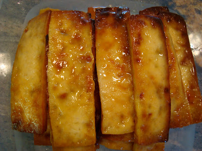 Overhead of stacked Green Tea and Honey Ginger Baked Tofu