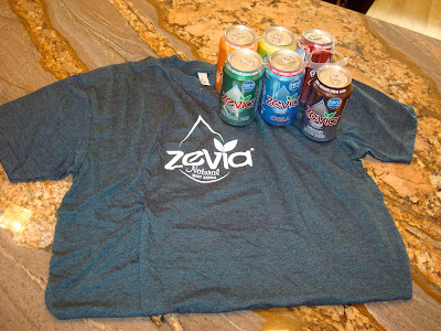 Six Pack of Zevia Drinks and a T-Shirt on countertop
