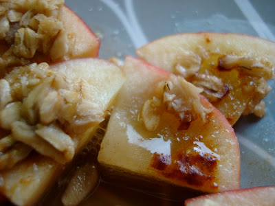 Close up of crumbles on apples
