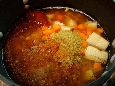 Spicy Vegetable, Corn, & Bean Soup ingredients in pot
