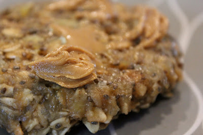 Side view of peanut butter on Microwave Banana Oat Cake