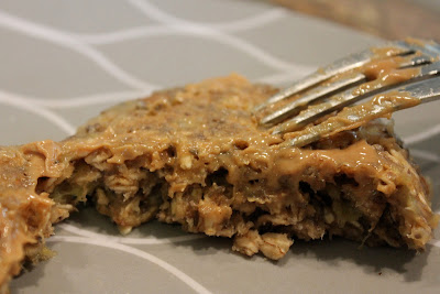 Fork cutting Microwave Banana Oat Cakes in half