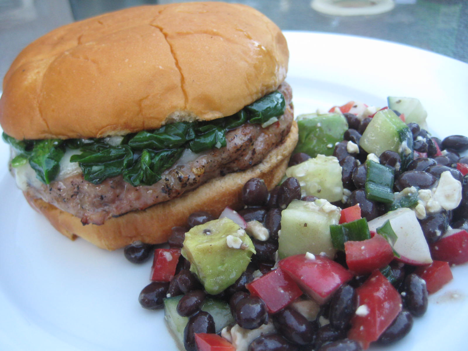 Dinner with the Welches Spicy Sausage Burger with Veggie and Bean Salad