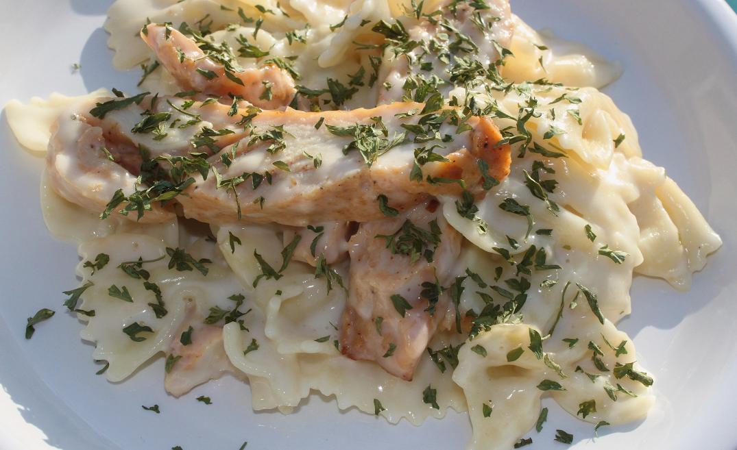 Chicken with Bow Tie Pasta and Creamy Parmesan Sauce What's Cookin