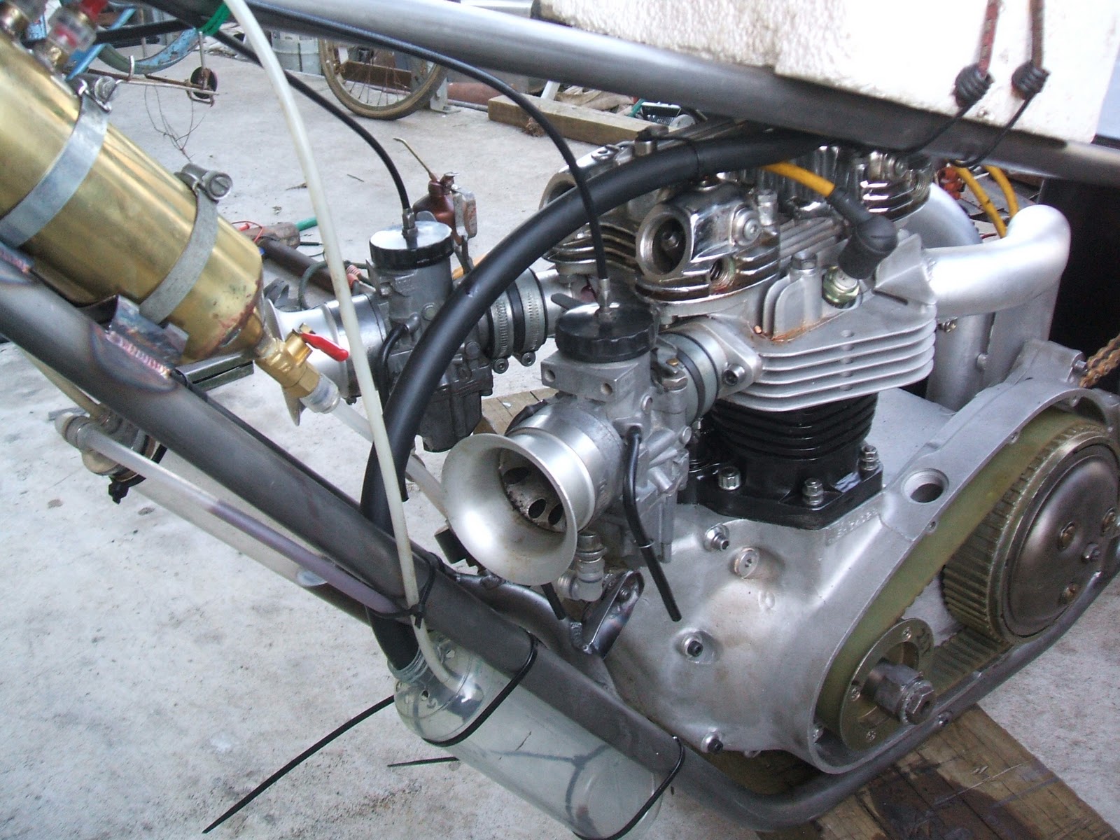 Triumph Bonneville 750 Nostalgia Drag Bike Excalibur Carburetors, tank and piping.