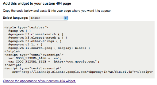 custom 404 page widget generator in webmaster tools