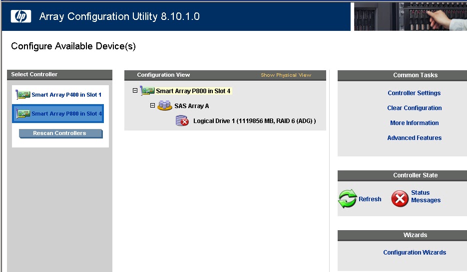"HP Array Configuration Utility + Re-enable Failed Logical Drive Option