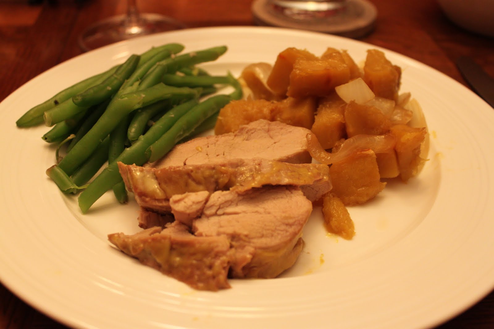 Special Treats Honey Mustard Pork Tenderloin, Acorn Squash and onions