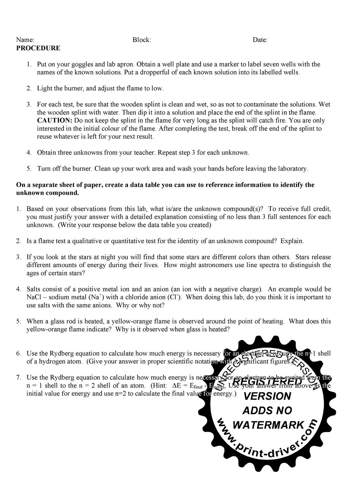 Flame Test Experiment Lab Report Flame Test Experiment Lab Report