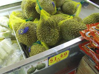bin of durian fruit at Great Wall supermarket in Merrifield