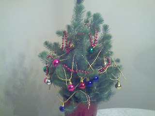 mini pine tree with Christmas decorations