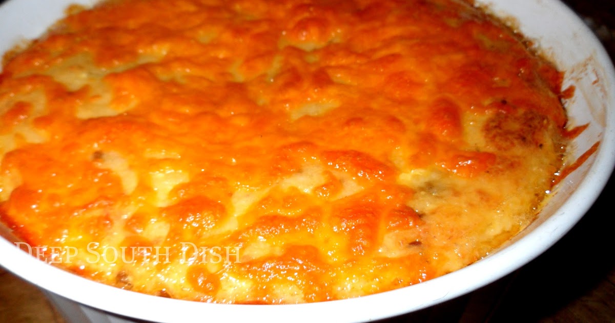 Deep South Dish Baked Garlic Cheese Grits with Sausage