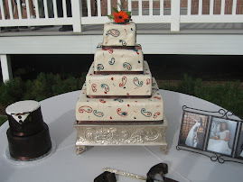 4-tier square fondant and 2-tier round fondant groom's cake