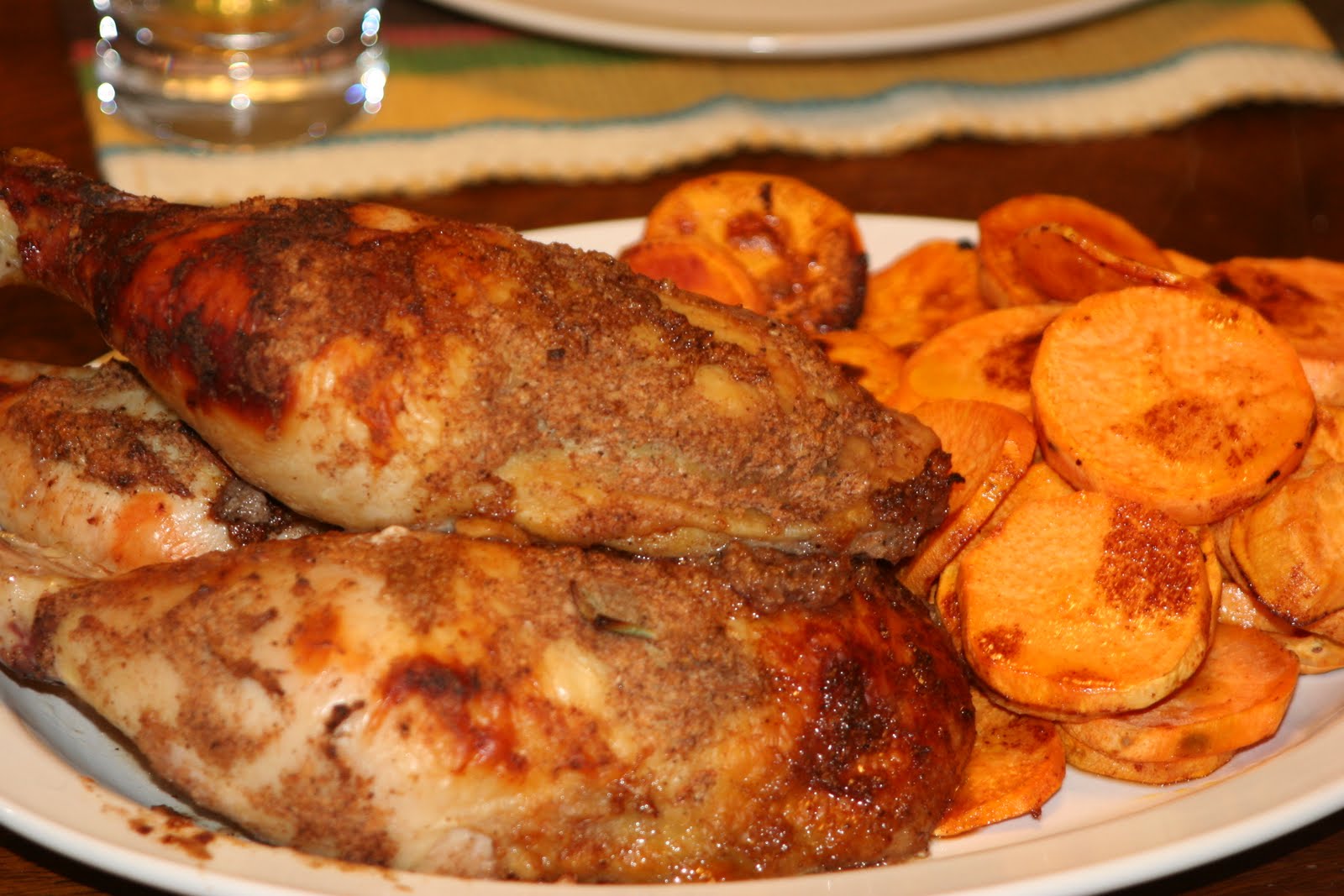 What's for Dinner Roasted Chicken Quarters with Glazed Sweet Potatoes