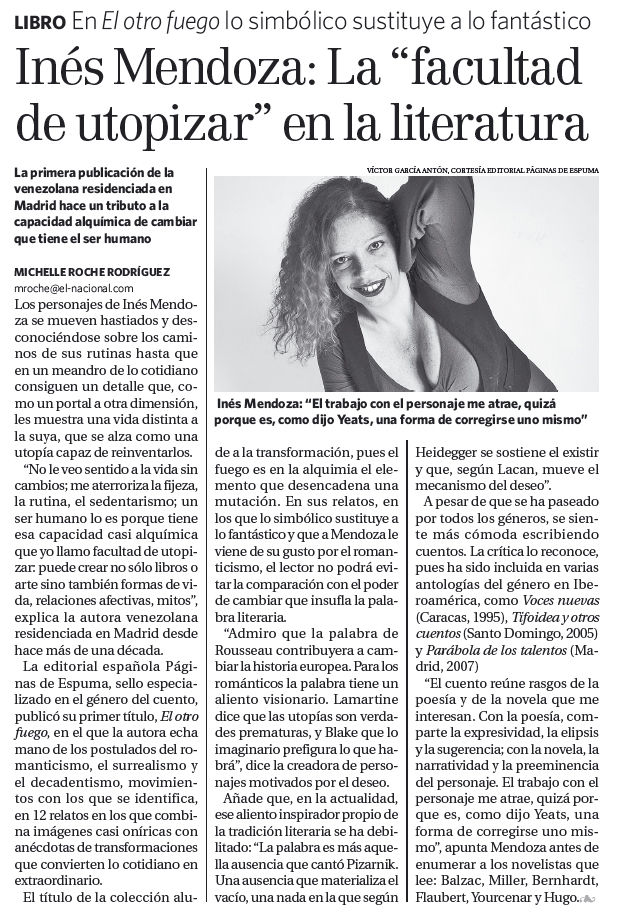 Inés Mendoza en El Nacional de Venezuela Editorial Páginas de Espuma