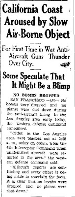 California Coast Aroused By Slow Air-Borne Object - The Maryville Daily Forum 2-25-1942