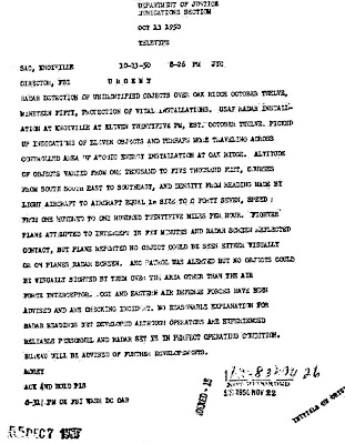 UFOs Over Oakridge - FBI Teletype 10-13-1950