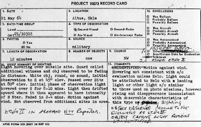 UFO Report at  Missile Site, Altus AFB Oklahoma 5-21-1964