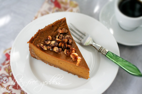 Vegan praline topping adds crunch and sweetness to this gluten free dairy free pumpkin pie