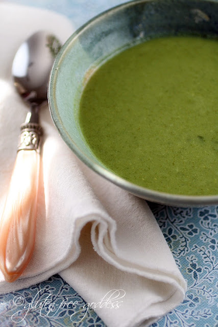 Green soup recipe that is vegan and gluten free with spinach broccoli and ginger