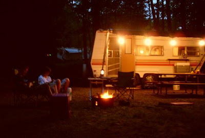 nightfall, roaring fire, August camping in Springwater