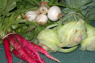 Radishes and spring onions from the farmers market (that's kohlrabi on the right for another night this week)
