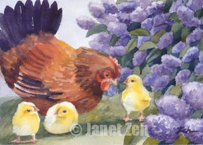 Hen and Chicks watercolor painting