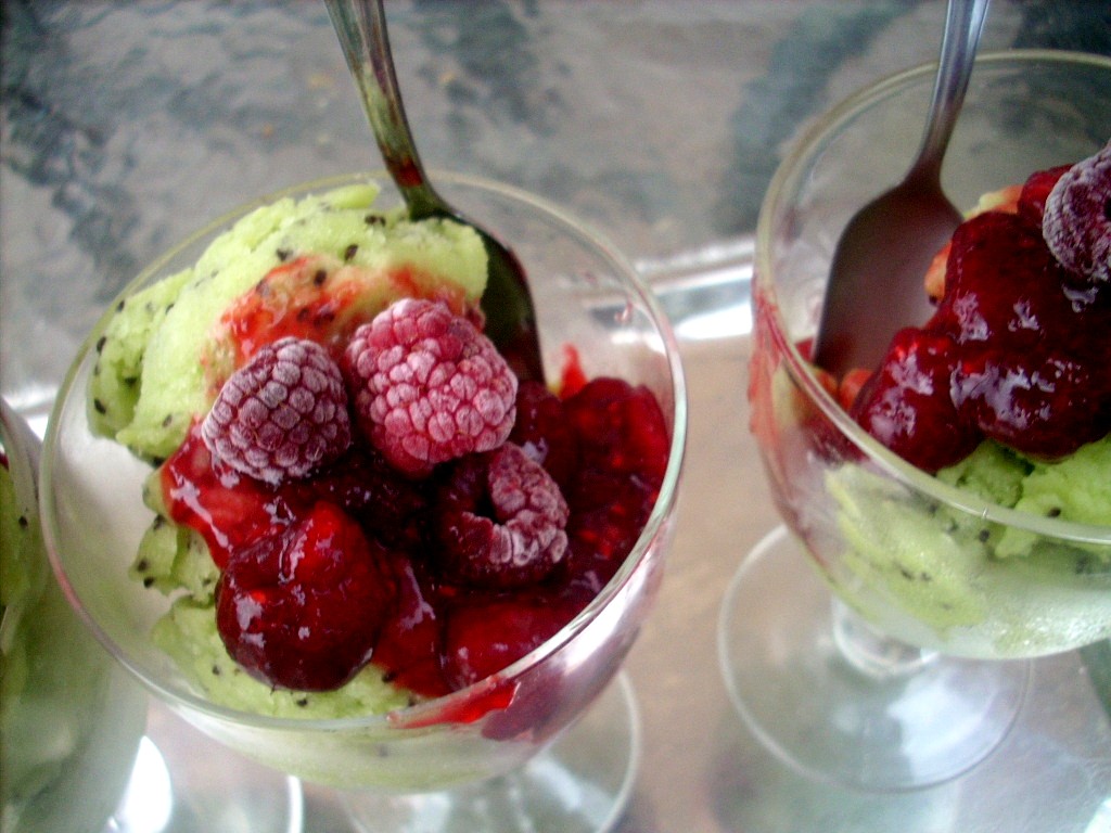 Canela kitchen (gloria) Kiwi Ice Cream with raspberries sauce