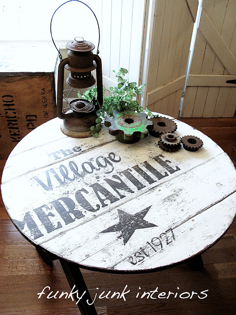 The Village Mercantile old sign table, by funkyjunkinteriors.net