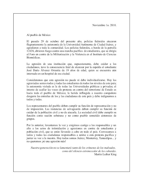 Carta de rechazo por los sucesos ocurridos el 29 de octubre en Cd. Juárez