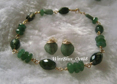 wire wrapped bracelets and earrings Wire wrapped bracelets and earrings with gold filled wire and green stones