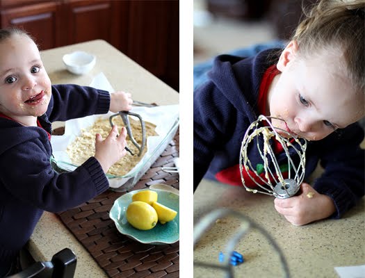 Photo collage showing a toddler licking a whisk with white chocolate blondie batter on it. 