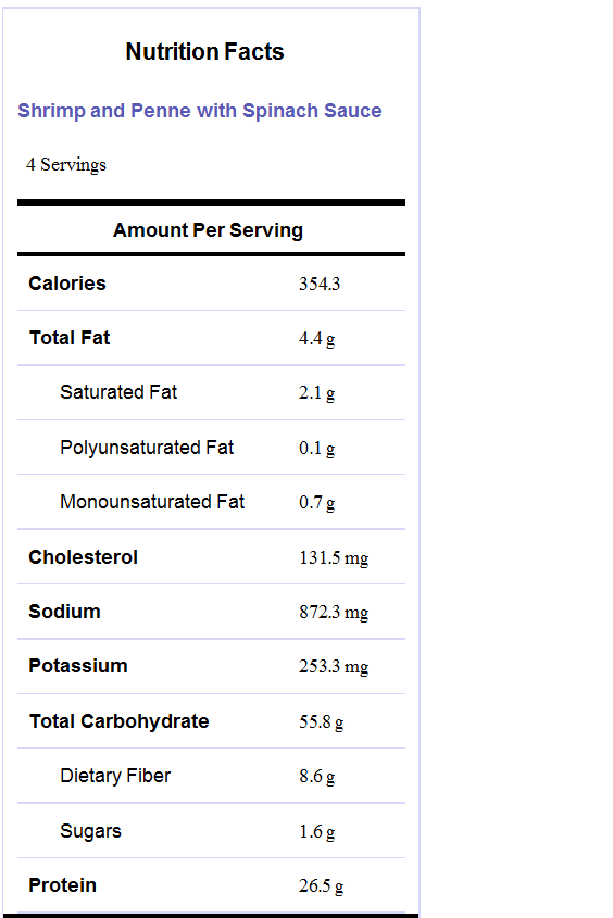 Erin's Eatery Shrimp and Penne with Spinach Sauce