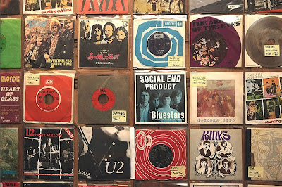 A selection of vinyl singles on display at Minus Zero records, in Notting Hill.