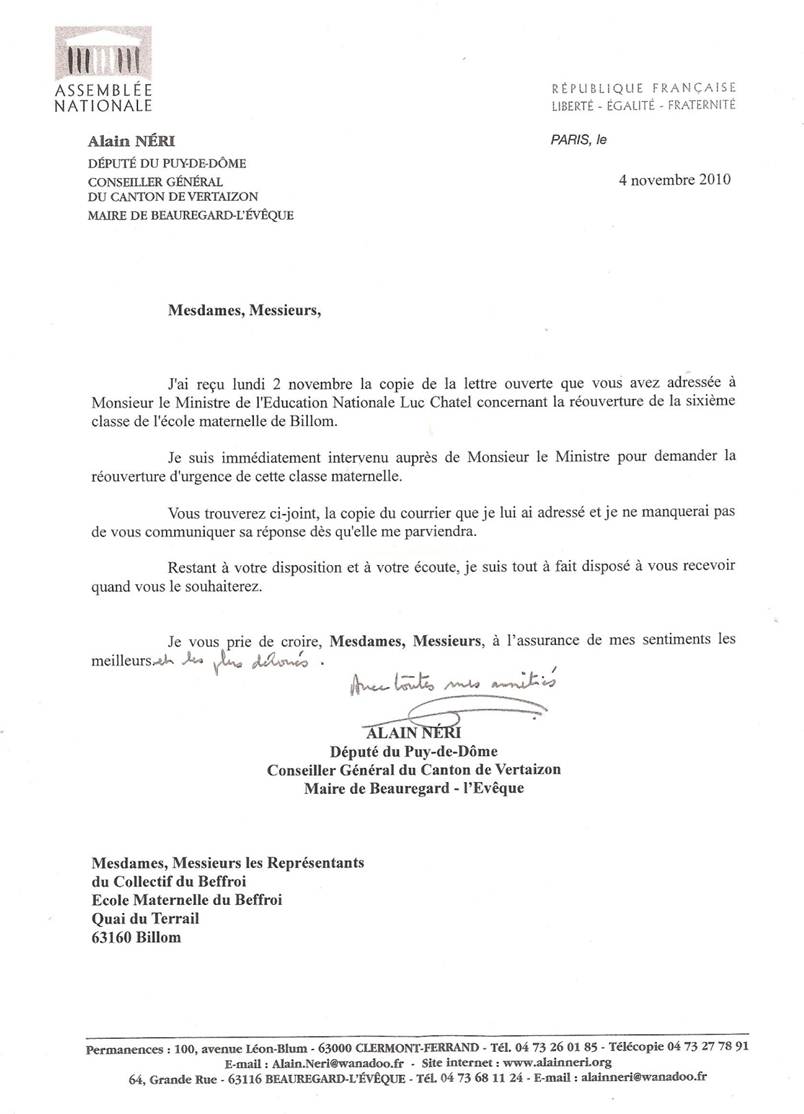 Collectif du Beffroi 2010 Soutien d'Alain Néri Député du Puy de Dôme