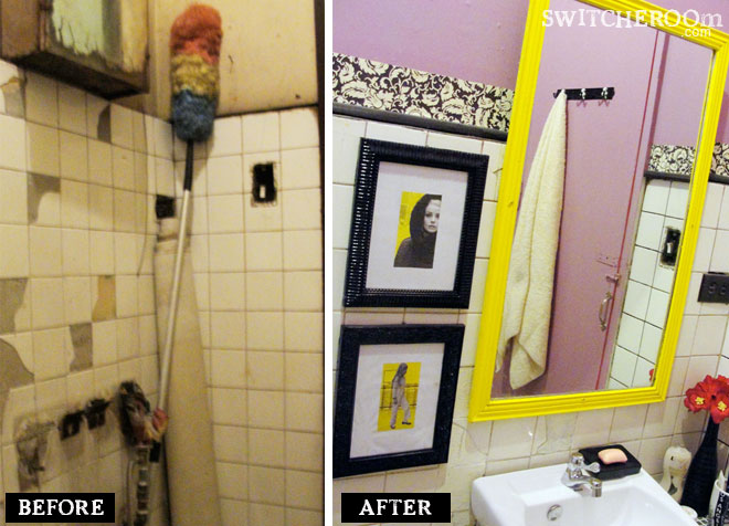 before and after bathroom, pink black bathroom, DIY bathroom, bathroom makeover, switcheroom