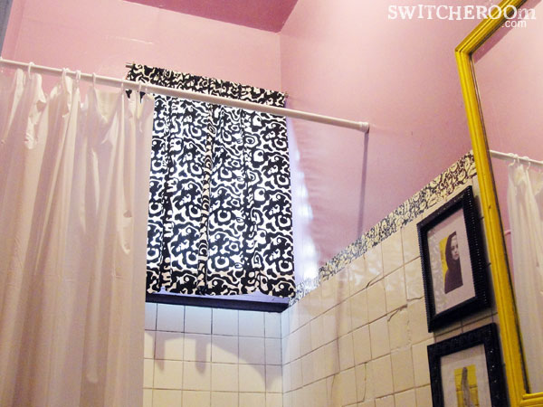 bathroom makeover, before and after bathroom, cheap DIY makeover, pink bathroom, swithcheroom, pink and black bathroom, yellow mirror