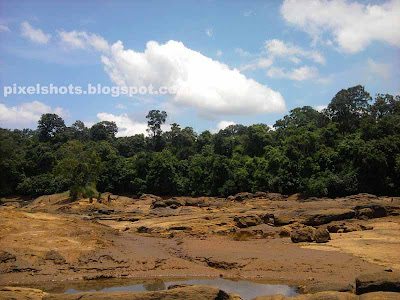 empty river bed rocks and mud photographed from kerala river named kallada.marshy river bed photographs