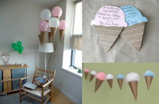 ice cream cone balloons, garland, invitations