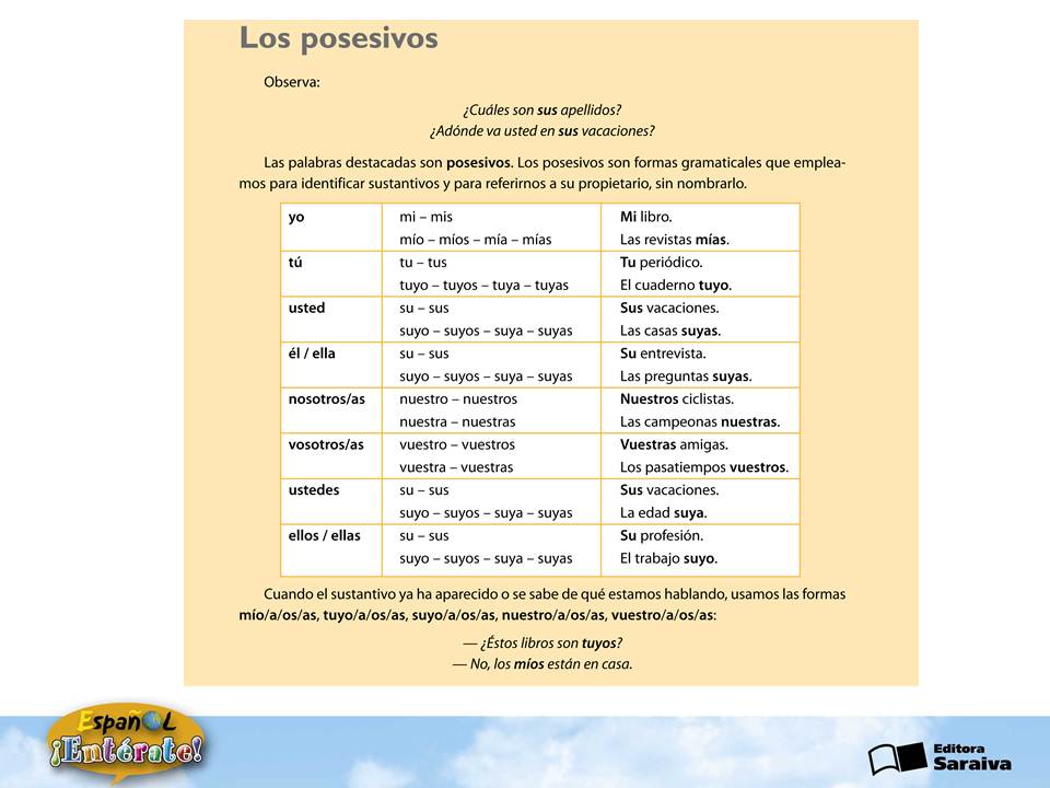 Exercícios De Espanhol Los Posesivos Con Gabarito
