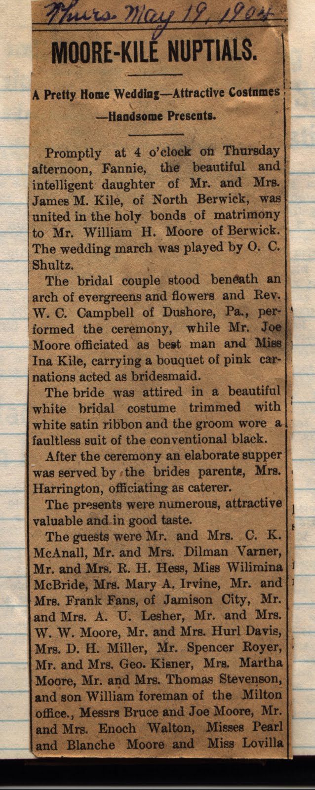 Genealogy Data from Columbia Co. & Luzerne Co., PA 2010