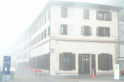 The Hotel Pilatus-Kulm on a windy foggy day