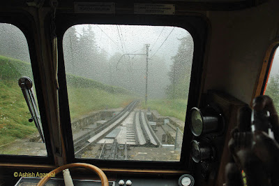 View of the tracks (including out of alignment) from within the furnicular train on Mount Pilatus