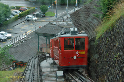 Photo shows the steep climb that the train takes to reach Mount Pilatus from Alpnachstad