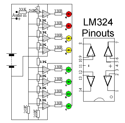 Schematic & Wiring Diagram: Audio VU Level Meter Circuit with LM324