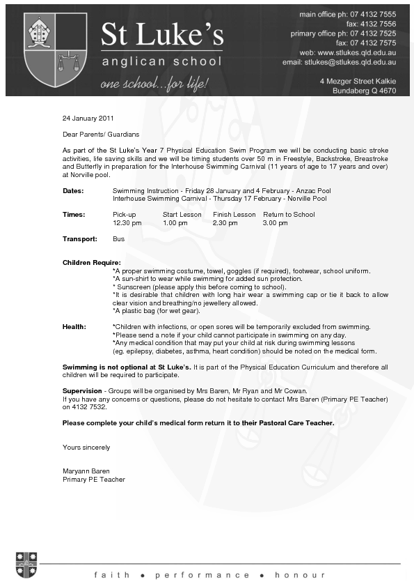 St Luke's Middle School Blog Mrs Baren's Year 7 Swimming Letter