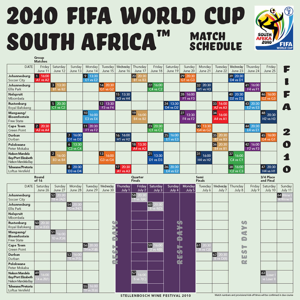 South Africa ::South Africa 2010 World Cup Soccer: 2010 FIFA WORLD CUP MATCH SCHEDULE