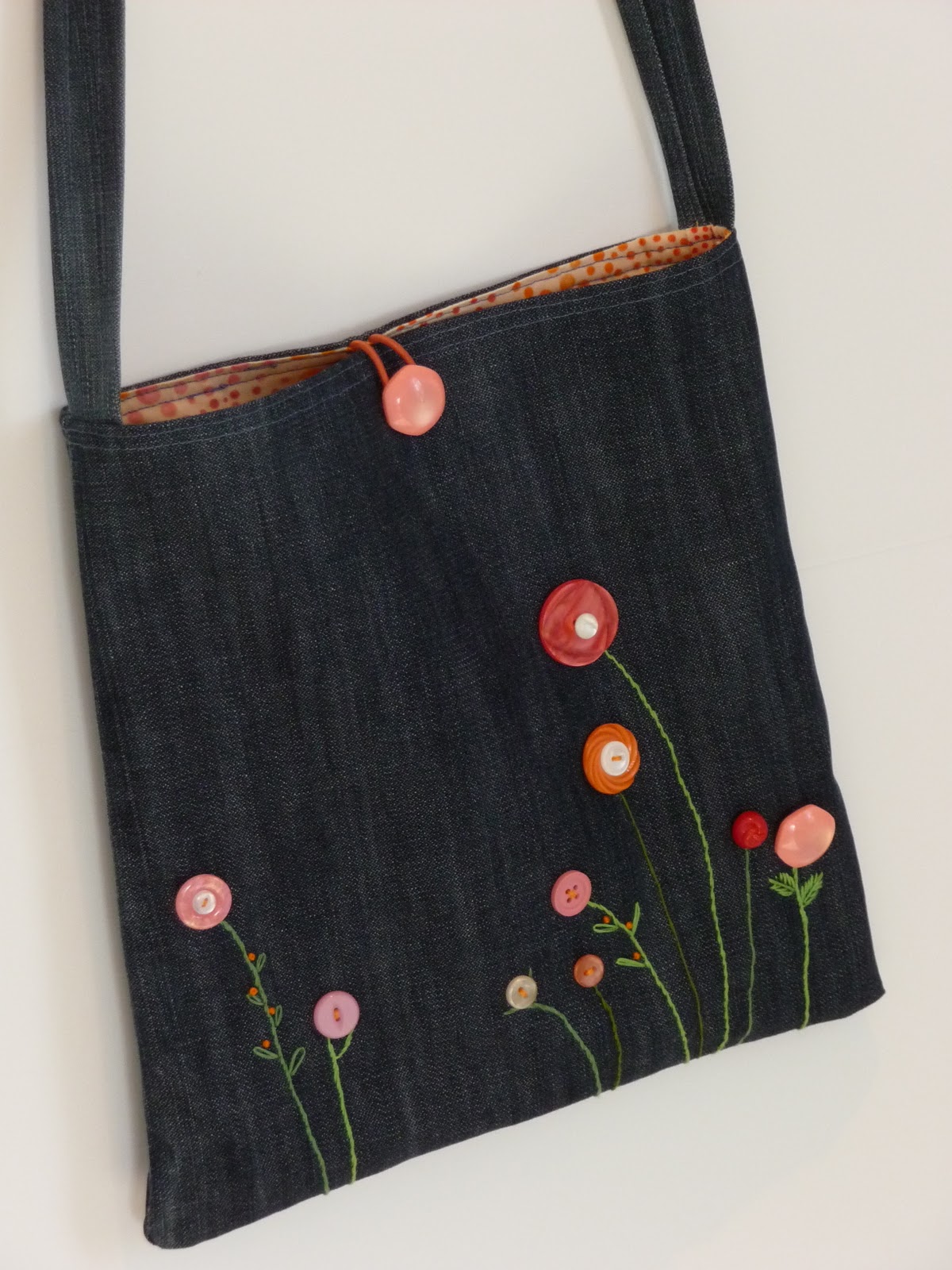 sew and sow life denim bag with vintage buttons