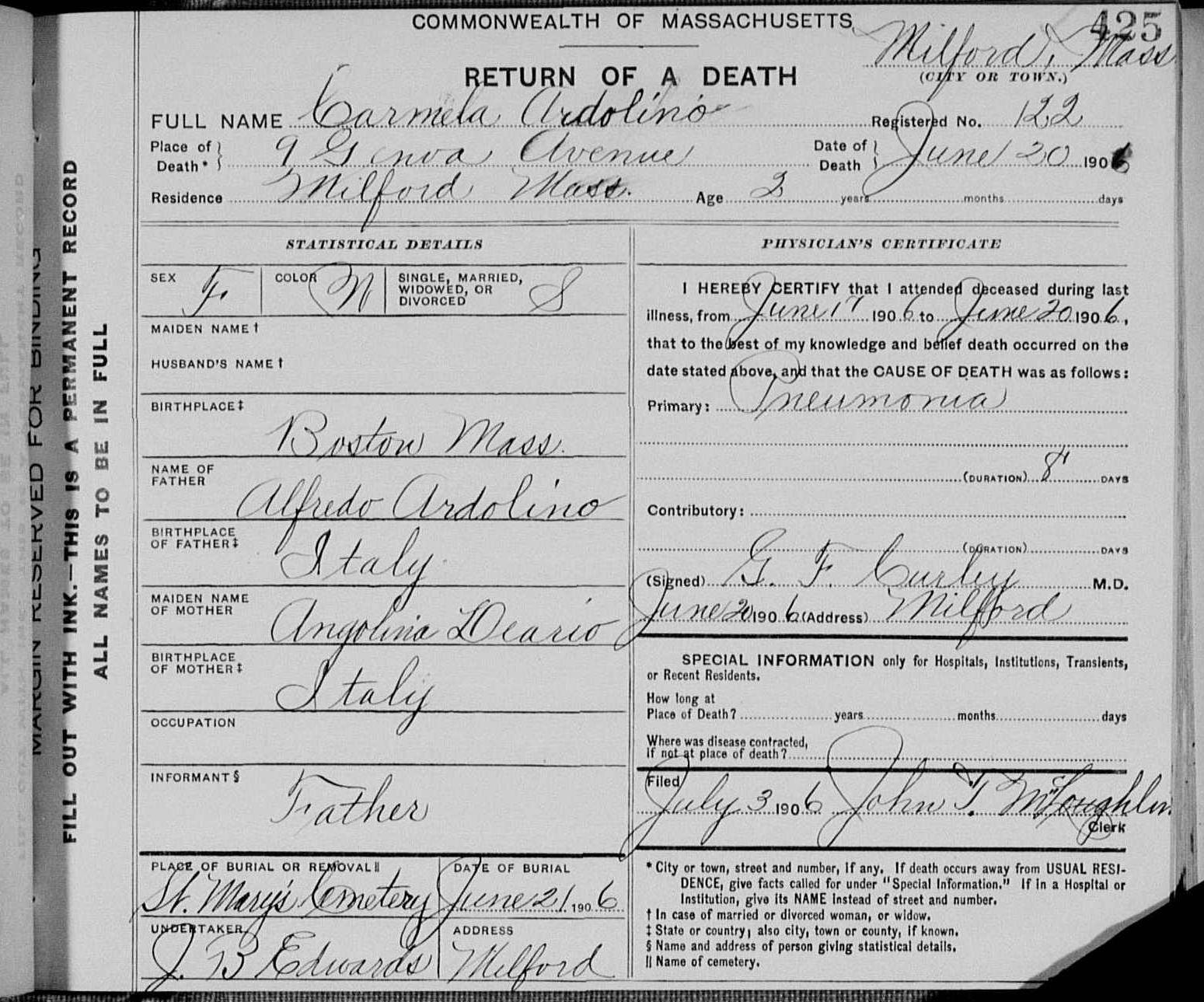 The Genealogy of Torre le Nocelle, Italy Massachusetts Death Record